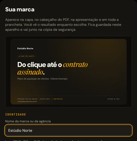 Tela de configuração da marca, com prévia da capa